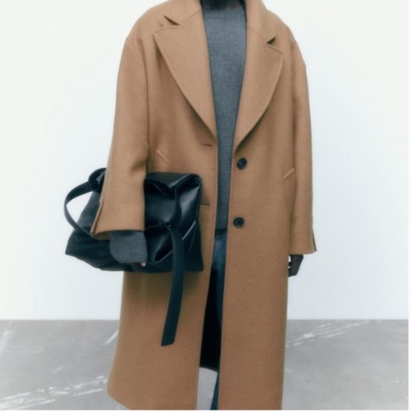 Zara Tan Wool Blend Oversized Coat M - Picture 2 of 16